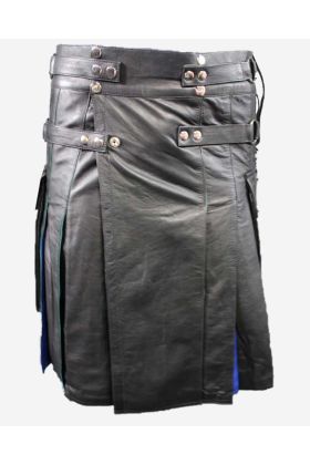 Fashionable Black and Blue Leather Kilt - Scot Kilt Store