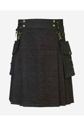 Durable Black Denim Kilt with Convenient Pockets - Scot Kilt Store