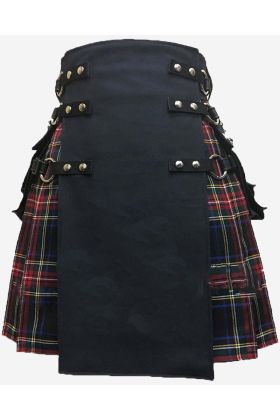 Black Kilt Stewart Tartan with Leather Pleats Leather Straps - Scot Kilt Store