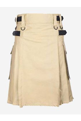 Khaki Cotton Utility Kilt With Genuine Leather Straps - Scot Kilt Store
