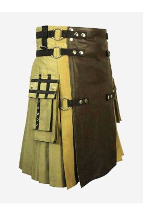 Enhanced Tactical Kilt in Khaki with Premium Leather Front Panel - Scot Kilt Store