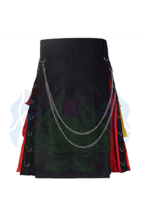 Black Chain Kilt with Silver Accents, Adjustable Fit, and Vibrant Lining -