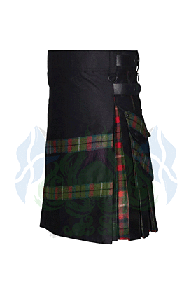 Black Leather Straps Hybrid Kilt Tartan Pleats and Pockets -
